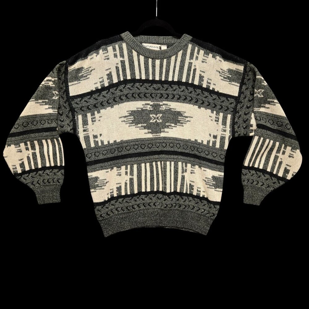 Vintage 80s Crewneck‎ Sweater Southwestern Geometric Pattern Knit  Gray White XL